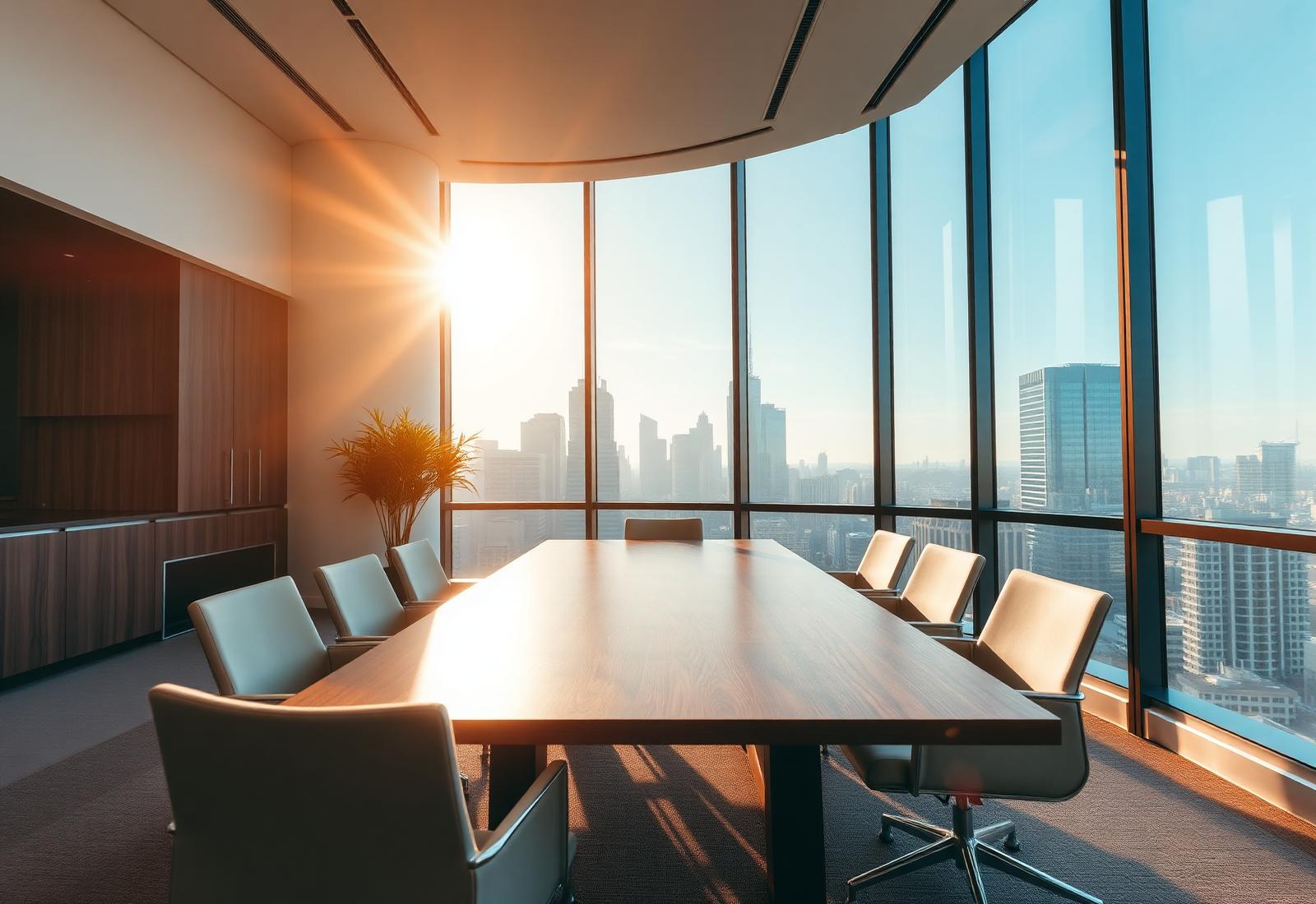A modern boardroom at Viaan Fincap overlooking the city skyline